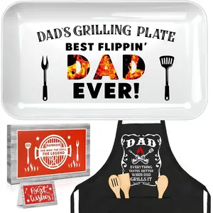 Fathers Day Dad Gifts from Daughter Son, Personalized Grilling Platter & Apron Set Birthday Gift for Dad Papa Bonus Step Father in Law, Cool Grill BBQ Serving Tray Fathers Day Gift for Men husband