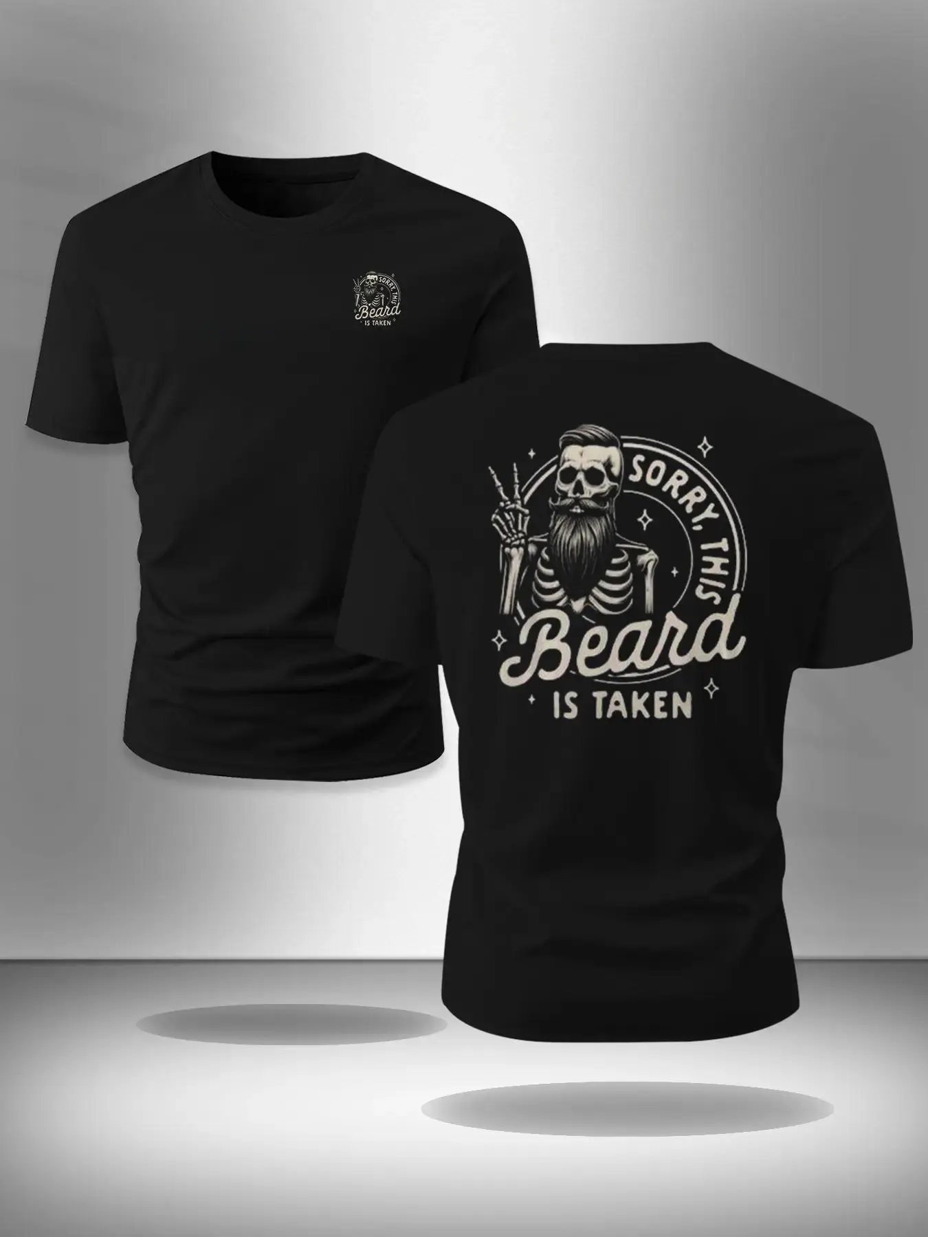 Men's Oversized Short-Sleeve Classic Cotton Fabric Graphic Tee - "Sorry This Beard is Taken" Bearded Skeleton Print, Casual Daily Menswear, Funny Unique Gift Top, Shortsleeve, Round Neck, Tshirt