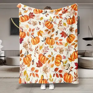 Autumn Pumpkin Leaf Flannel Blanket, Large Soft Lightweight Warm Throw Printed Blankets for Bed Sofa Office Camping Travel, Perfect Christmas Winter Gift