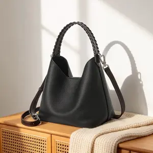 Uull grain leather women's bag, Korean style casual bucket bag, new handbag, fashionable and versatile shoulder, crossbody, and underarm bag