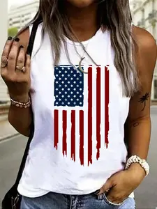 Women's Summer Loose-Fitting Casual Knit Fabric Tank Top, American Flag Print, Soft and Comfortable for Home and Outdoor, Perfect for Independence Day