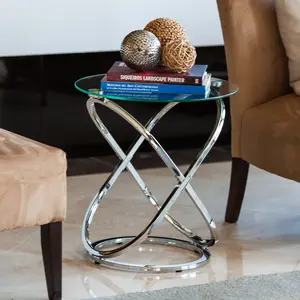 Galaxy Tempered Glass Round End Table with Cross Base Metal Frame