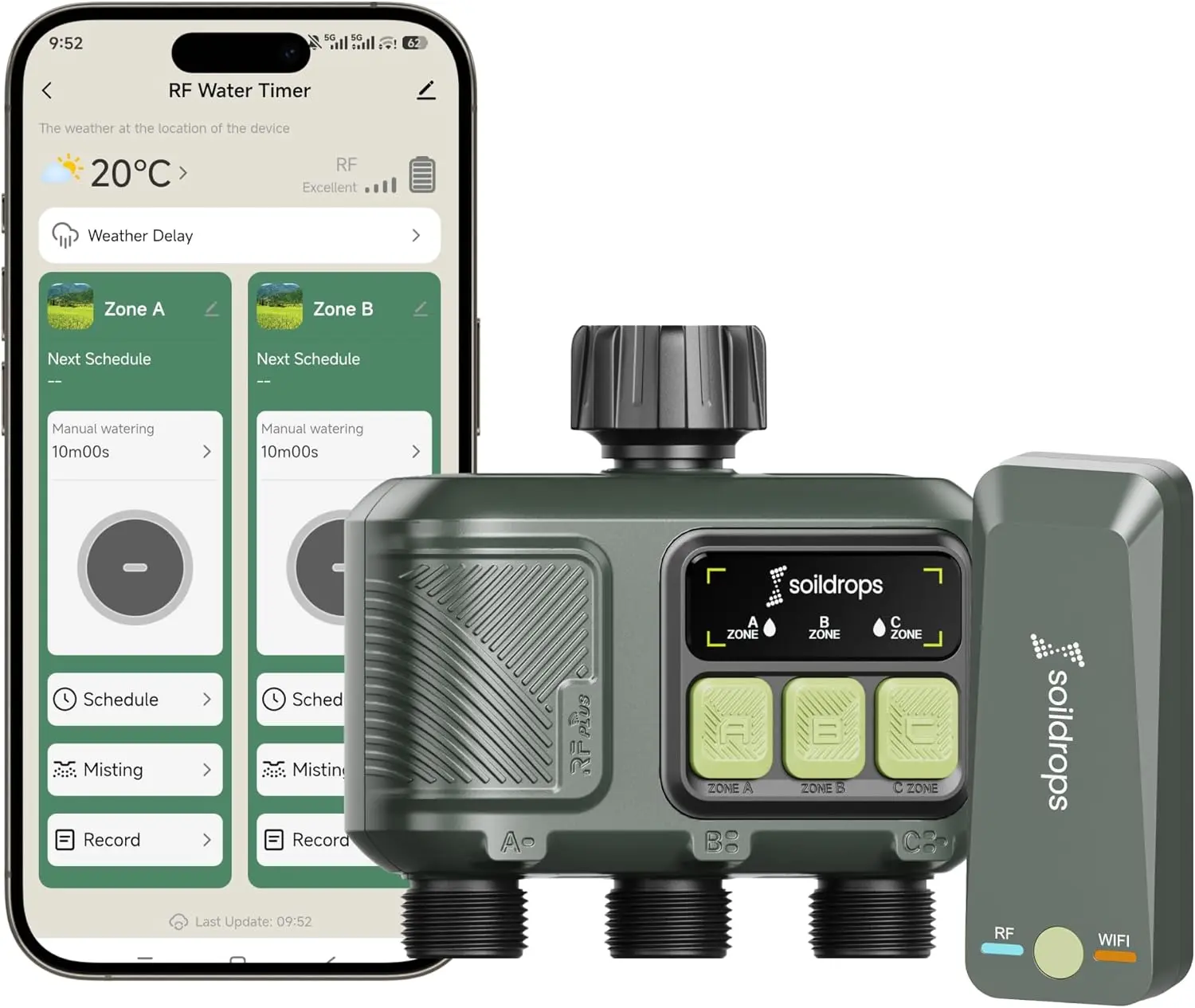 Soildrops Smart Sprinkler Timer — 3 Zones, App Control, 1,000 ft Wi-Fi Hub