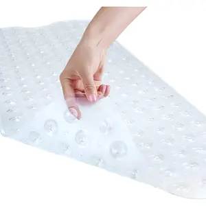 Bath and Shower Safety Mats 40x16 inch, Non Slip with Suction Cups for Bathroom Stall and Tub Floor,  and Machine Washable, Drain Holes Keep Bathtub Clean, Clear