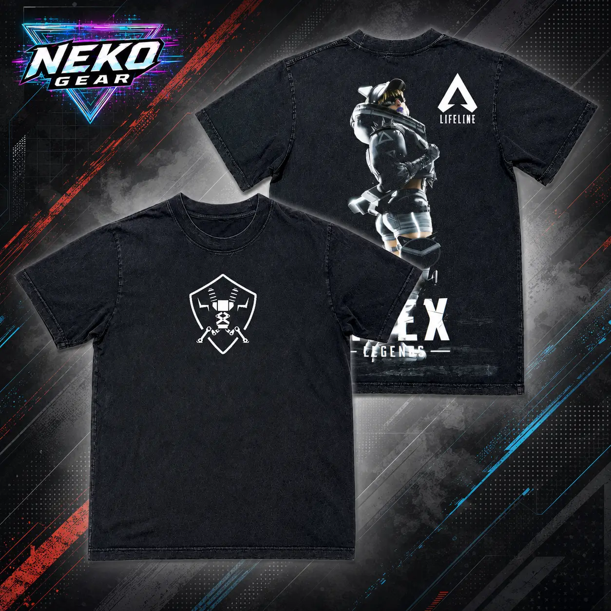 Men’s Neko Gear Apex Legends Lifeline Combat Medic Vintage Washed Graphic Garment - Ribbed Round Neck Shortsleeve Casual Streetwear T-Shirt with Front and Back Print