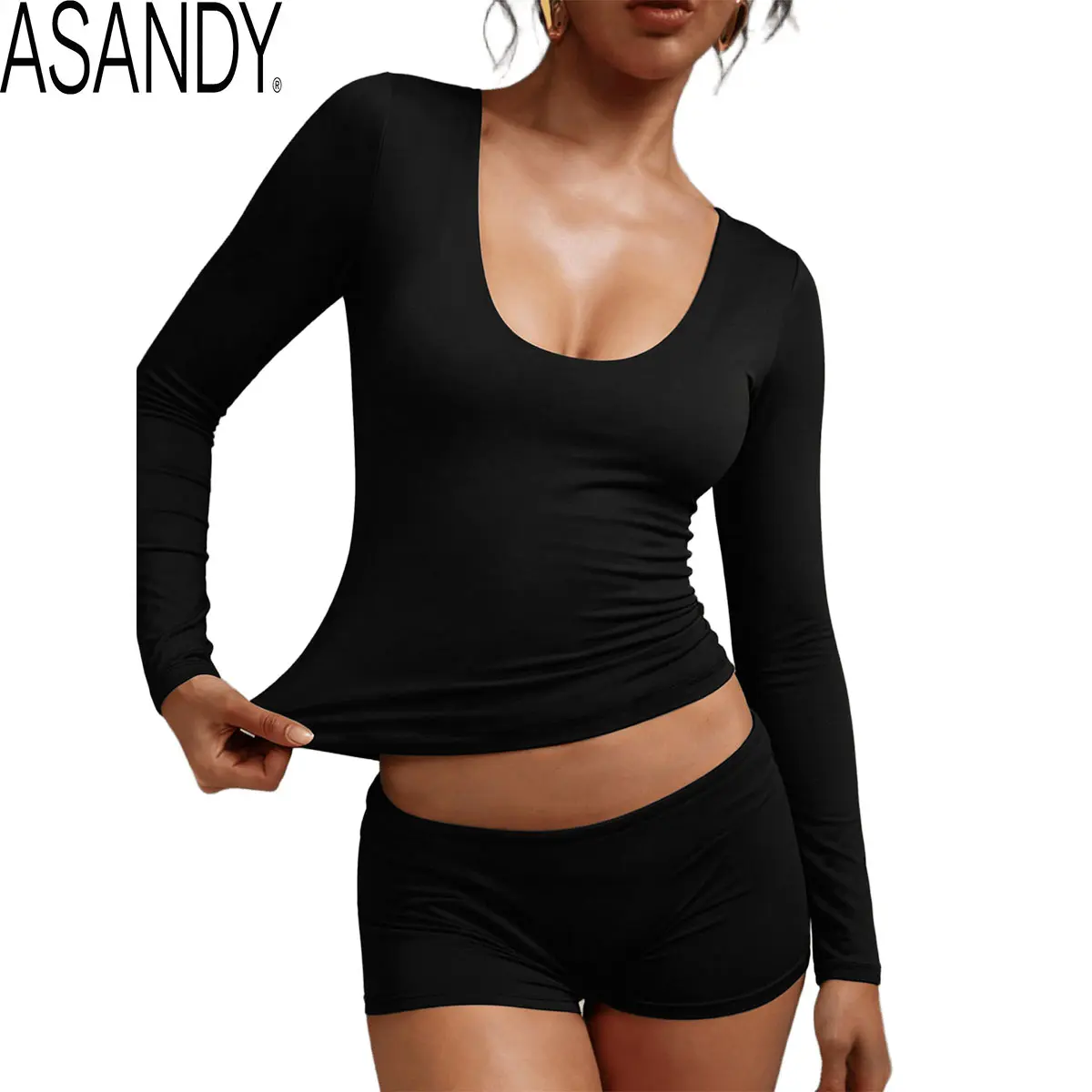 ASANDY Women's V-Neck Long Sleeve Slim-Fitted Soft Basic Layering Athletic Top, Dry Fit Stretch Activewear, 2025 Fall Yoga Workout Casual Sportswear, Tops for Women, Dry Fit Activewear