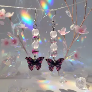Pink and Iridescent Glass Beaded Butterfly Dangle Earrings with Hook Closure for Elegant Style