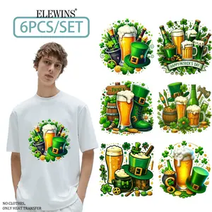 6 PCS St. Patrick's Day Beer Gold Heat Transfer Vinyl DTF Transfer for T-shirts Hats Jeans Jackets Reusable Washable Heat Press Supplies for DIY Craft Diy Material