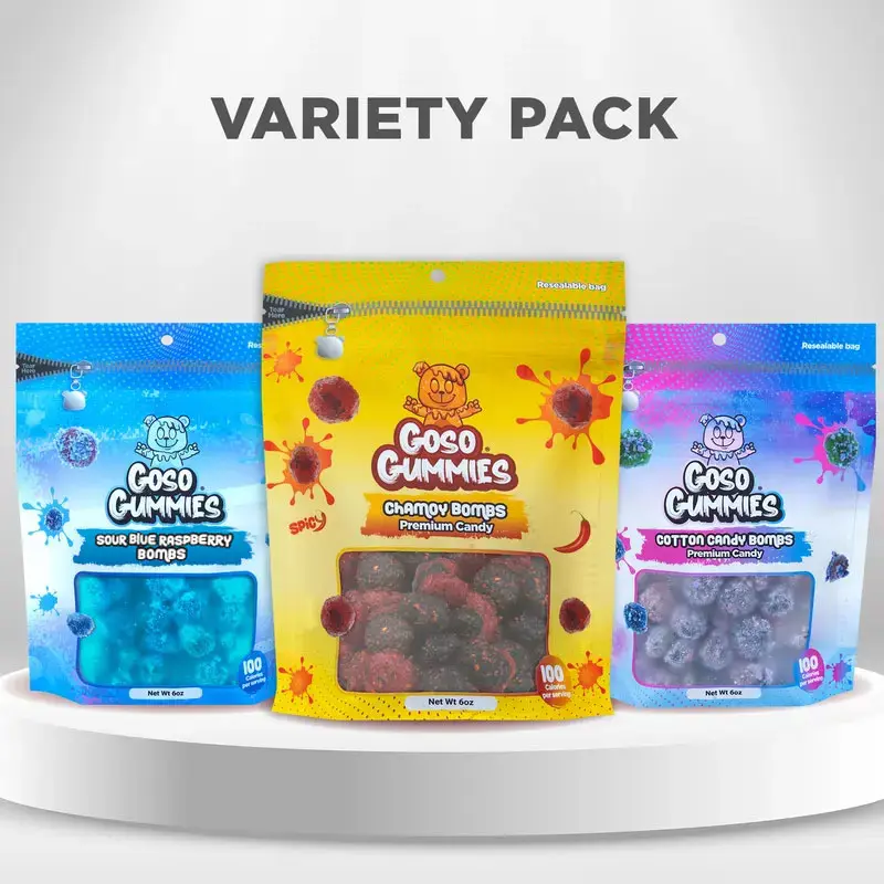 Goso Gummies 18oz Flavor Viral Gushers Bombs Trio – Sour Blue Raspberry Gushers, Spicy Chamoy Gushers, & Cotton Candy Gushers