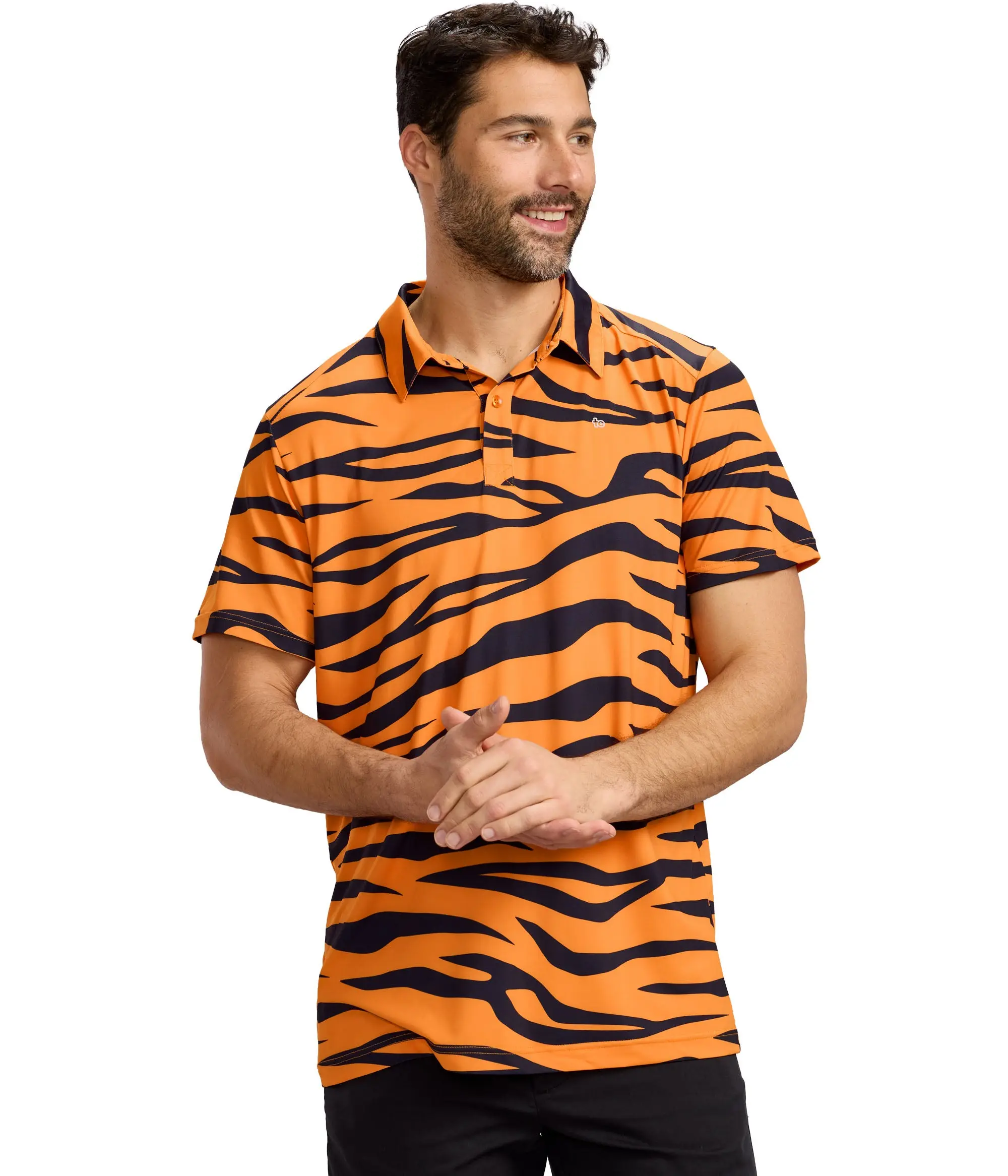 Tiger Stripe Polo Shirt for Men - Fitted Pickleball & Golf Top with Moisture-Wicking 4-Way Stretch Fabric, Tiger Stripes, Male, S, Sporty Chic, Soft Fabric, Four-Way Stretch, Birdie‑Ready Look