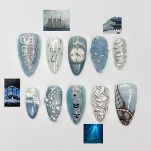 Kpop Inspired Celestial Voyage Nails | 7 Spirits Arirang Press Ons | Blue Aurora Silver Liquid Metal Nails |3D Fandom Concert Nails|JB365IK R6753L