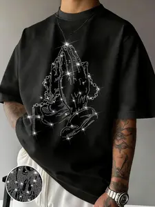 Men's Casual Short Sleeve T-Shirt with Prayer Gesture Rhinestone Graphic, Fitted Design for Daily Versatile Wear, Stylish Everyday Fashion