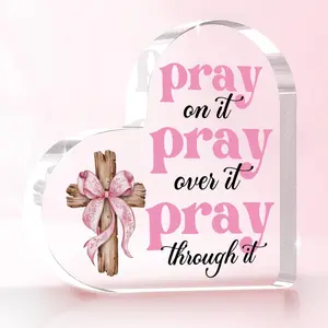 Inspirational Pink Room Decor, Pink Bow Dorm Room Decor for Women, Pray Over It Bible Verse Wall Art Christian Gifts for Women, Acrylic Heart Decoration Sign for Home Office Desk Bedroom