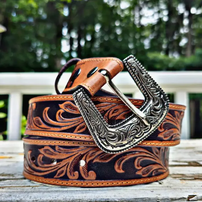 Western Tooled Leather Belt with Interchangeable Buckle Adjustable Cowgirl Style Hand Painted Genuine Leather Western Leather Belt for Women  main image 2