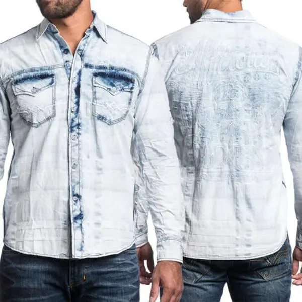 Affliction Men's Take A Swing Plaid Button Down - Button Operated Long-Sleeve Casual Graphic Top with Convertible Sleeves, Embroidered Accents, Menswear, Graphic Shirt, Button Operated Long-Sleeve Casual Shirts