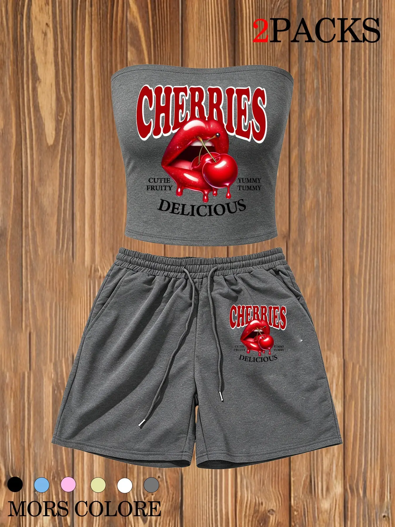 2pcs Y2K Cherries Lips Print Tube Top & Shorts Set, Casual Streetwear Clothes, Aesthetic, Bold Graphic Prints, Cropped Tube Top, High-Waisted Drawstring Shorts