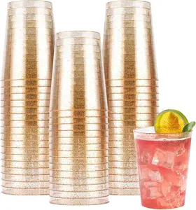 50PCS 10oz Gold Glitter Plastic Cups for Party, Disposable Gold Plastic Cups, Plastic Cocktail Glasses for Wedding Thanksgiving, Christmas, and Parties