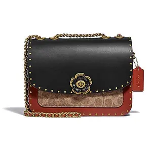 COACH Madison Camellia-Studded Crossbody Bag for Women – Calfskin, Coated Canvas, and Snake Leather in Black and Red