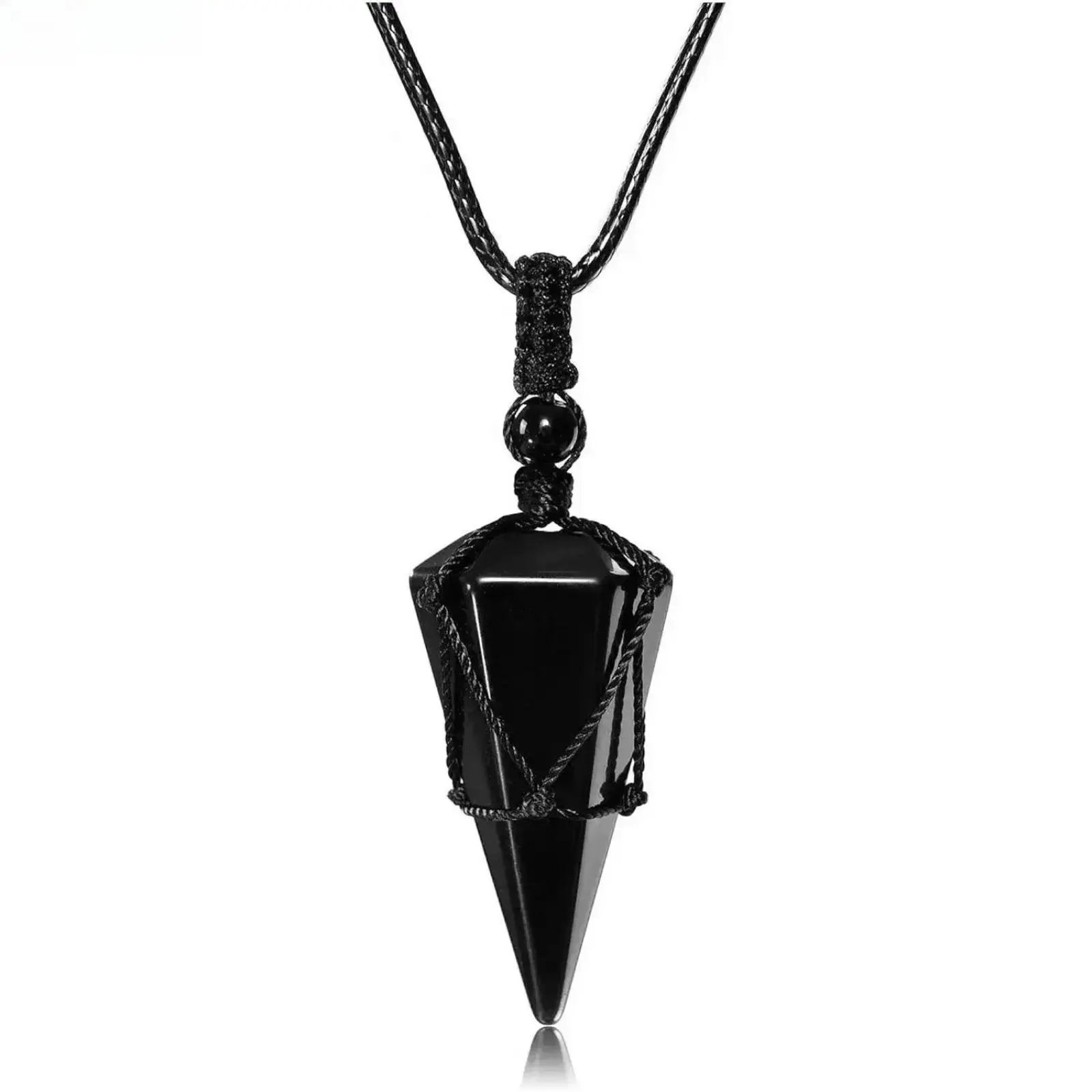 Handmade Natural Obsidian Necklace - Unisex Boho Wrap Pendant on 1.8 * 0.6 Inch Adjustable Cotton Rope Chain, Casual Minimalist Sports & Outdoor Jewelry, Exquisite Jewelry Gift