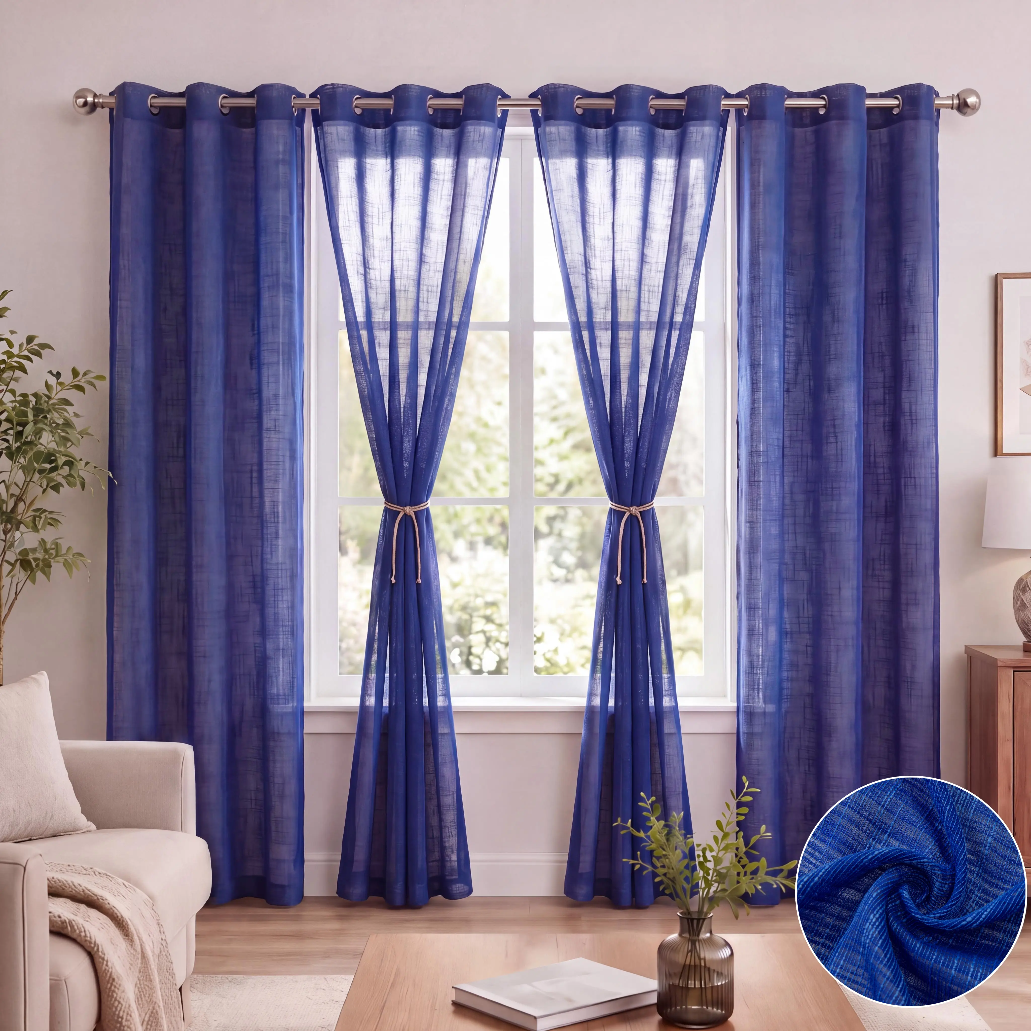 Grommet Curtains - 4-Piece Soft Breathable Bamboo Gauze Yarn Flat Woven Drapes, 34x84in Solid Vintage Retro Grommet Top, Light-Filtering Wrinkle-Resistant Window Decor for Bedrooms, Kitchens L12