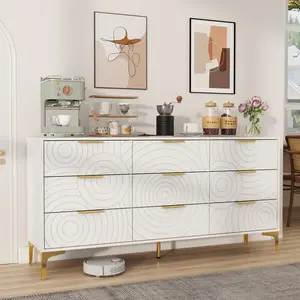9/6-Drawer Modern Storage Cabinet, Gold-Accented Handles, Geometric Pattern, Sturdy Metal Legs, Easy-Slide Drawers, Living Room Sideboard, Home Organizer