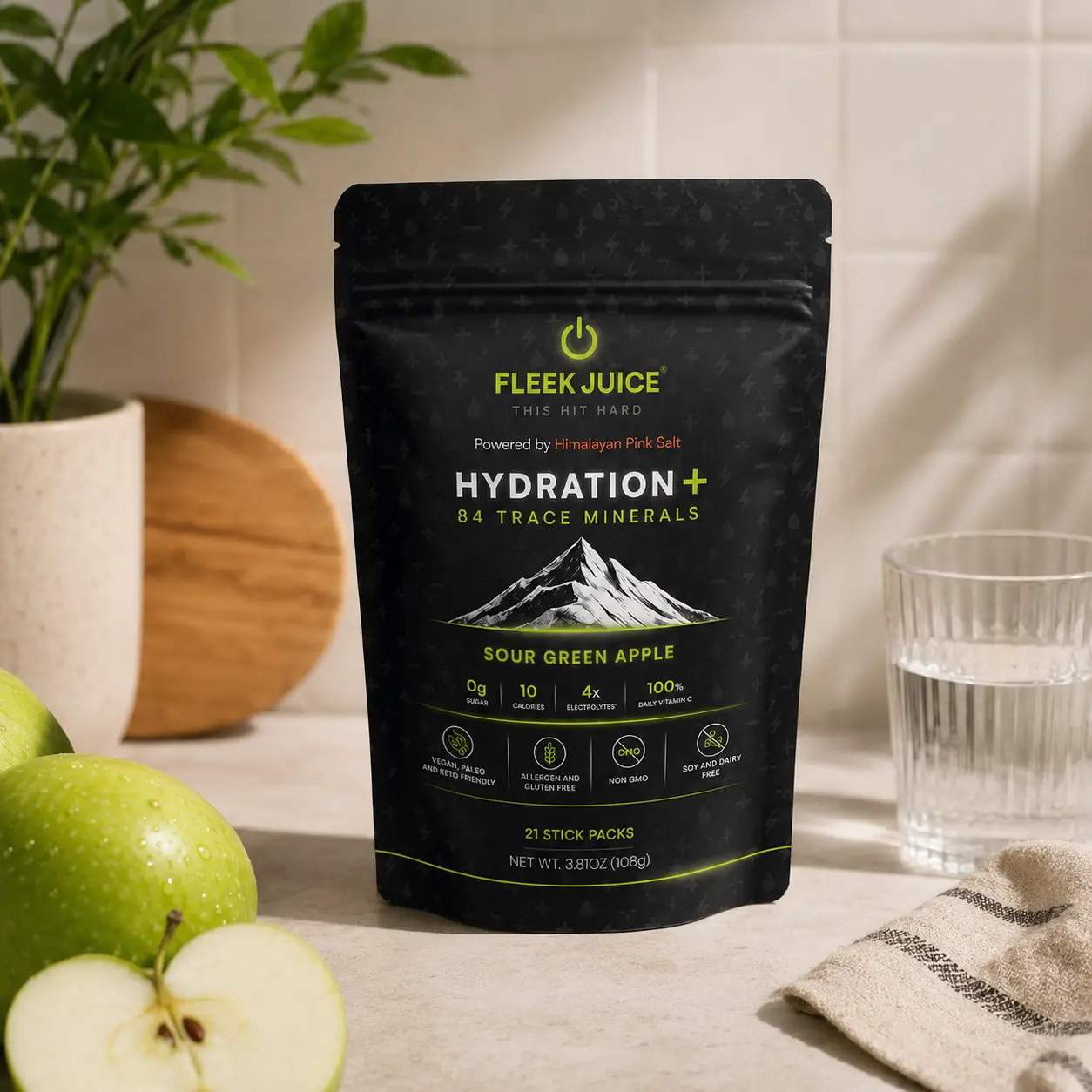 Fleek Juice Hydration+ Electrolyte Powder Sticks | 84 Trace Minerals, Zero Sugar Hydration Drink Mix | Sodium, Potassium, Magnesium & Vitamins C, D3, B12 | Sour Green Apple