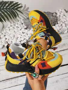 Women's Spring & Fall Colorblock Sneakers, Casual Low-Top Thick Sole Shoes, Fashionable Retro Design, Anti-Slip Laces, Outdoor Sports