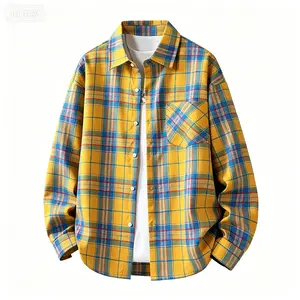 Men’s cotton–polyester blend colorful plaid button-down shirts; oversized long-sleeve loose-fit checkered shacket with a single chest pocket; casual lightweight shirt jacket for everyday streetwear and outdoor activities.