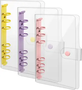 3 Pack A6 Soft PVC 6 Rings Binder Cover Clear Budget Binder Clear A6 6-Hole Planner Binder Cover Yellow Purple Pink Round Ring Binder Cover for Refillable Notebook