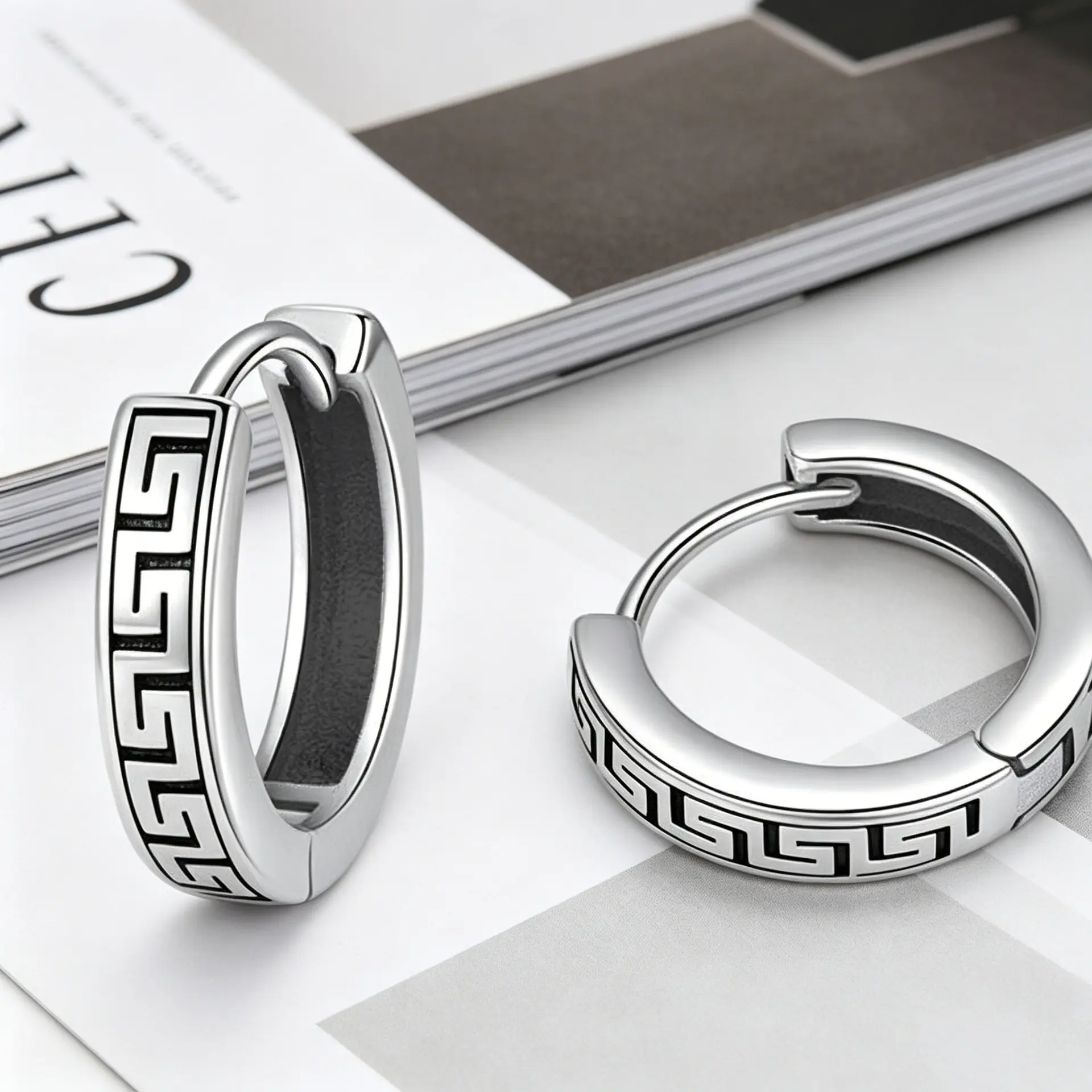 Elegant Greek Key Design Hinged Earrings for Men and Women – Silver Tone with Classic Pattern – Ideal for Everyday Wear