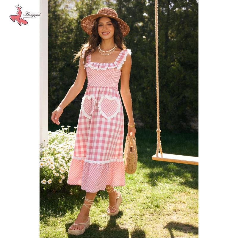 Women's Lace Heart-patterned Plaid Square-neck Valentine's Day Dress Cute Pastoral Style