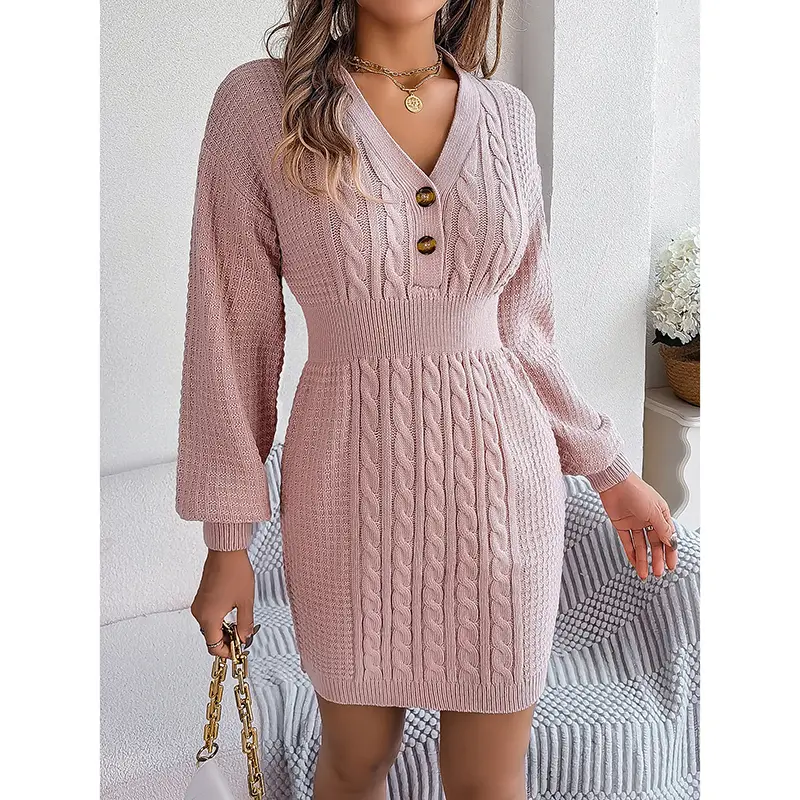 Women's Cable Knit Sweater Dress - V-Neck Button Front Lantern Sleeve Bodycon Mini Dress With Elastic Waist For Fall#Douyin Recommends For You#Douyin Made Me Buy It#Food Videos#Home Supplies#Trending Videos#Obsessed.#Economy#Black Friday#Must-Have For Wor