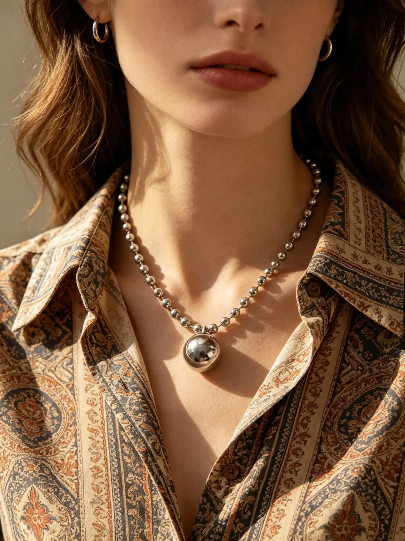 Silver Color Ball Chain Necklace with Round Pendant, Minimalist Beaded Jewelry for Women, Elegant Accessory for Daily Wear