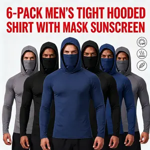 3/6 Pack Men's Hooded Shirt with Built-in Face Mask UPF 50+ Sun Protection for Fishing Running Fitness Outdoor Work