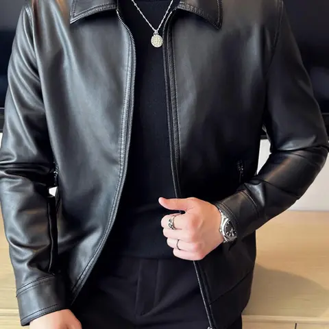 【Black Friday】Men's Regular-Fit Solid-Color PU Leather Jacket with Zippered Pockets, Casual Long-Sleeve Collared Design Outerwear for Everyday Wear Year-Round