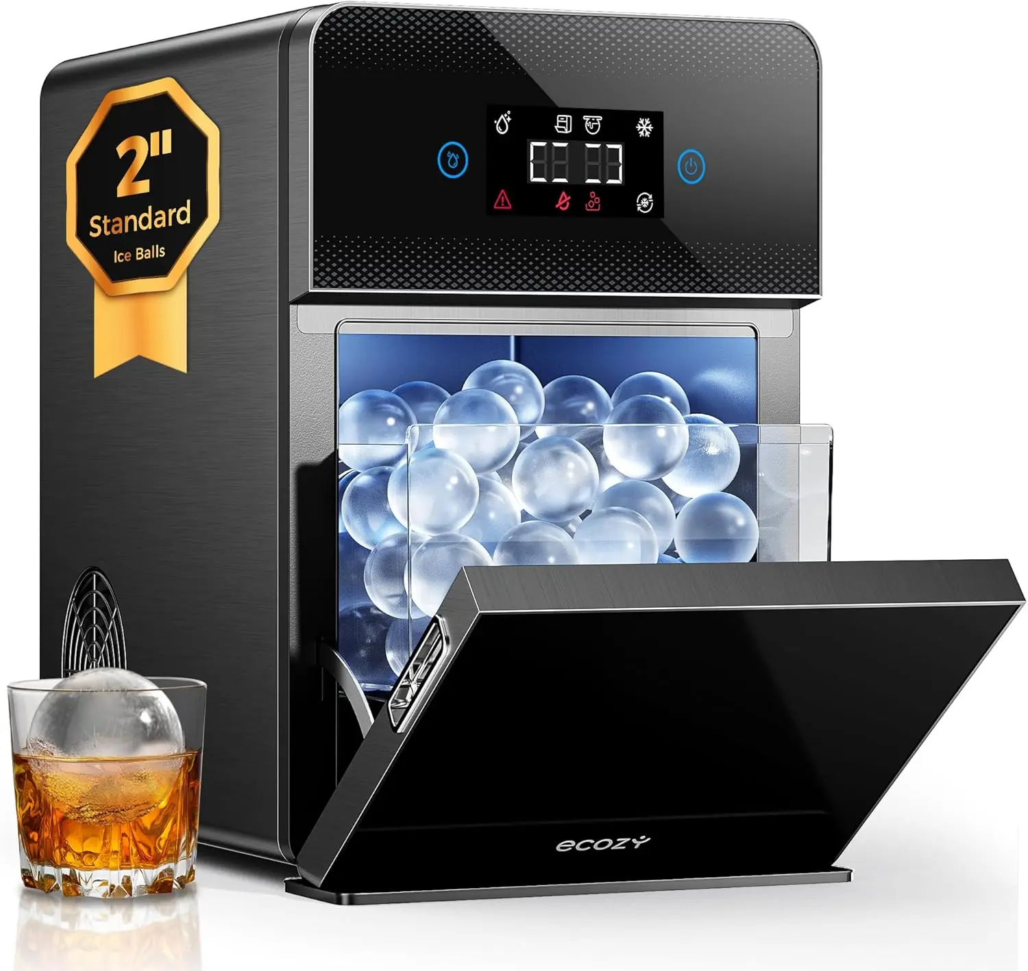 ecozy 2" Ice Ball Maker Countertop, Clear Sphere Ice Maker Machine with CrystalFlux Technology, 4 pcs in 40 Mins, 144 pcs/Day, Enhanced Insulation, Auto Water Supply, Self-Cleaning for Whiskey, Every Games