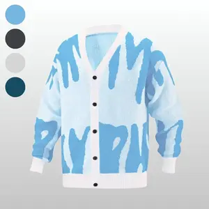 Men's Fashion Spring and Autumn Letter Printed Sweater with Buttons, Polyester Material, Blue, Medium Casual Men's WearRAIMENTRY