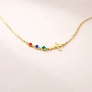 Cross Birthstone Necklace, Custom Birthstone Necklace, Multiple Family Birthstone Pendant, Cross Religious Necklace, Cross Christian Pendant