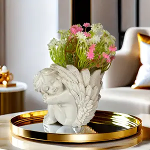 [Vintage Cupid Sculpture Decor] Classic Resin Vintage Angelic Cupid Sculpture - Cylinder Shaped Flower Pot & Pen Holder for Home Living Room Decor Vase Ornaments