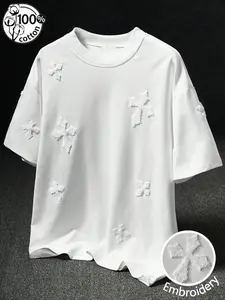 Unisex Multi-Color 100% Cotton Casual Gothic Cross Towel Embroidery Oversized Embroidered T-Shirt | Y2K Grunge High Street American Retro Streetwear Top