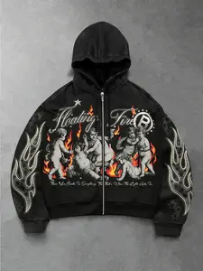 Unisex Y2K street-style hooded sweatshirt with flame, star, angel, and letter prints; full-zip hoodie in an American dark, distressed vintage high-street style. Versatile for layering and perfect for everyday outings and streetwear—an ideal gift for a boy
