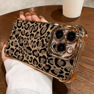 High-end Shiny Brown Leopard Print Phone Cases for iPhone 17/16/15/14/13/12/11 Pro Max, TPU Four-Corner Shockproof Protective Phone Case