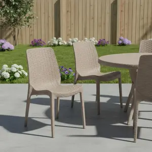 360 Stand Armless Textured Weave Woven Look Weatherproof Stackable Heavy Duty Plastic Outdoor Dining Chair - Set of 4, 34.6x22.8x18.9 in, Taupe