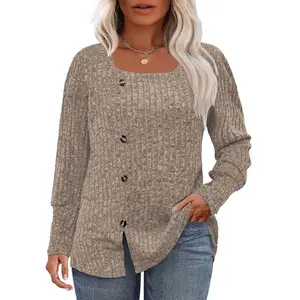 Plus Size Sweaters for Women Long Sleeve Square Neck Shirts Buttons Fashion Dressy Tops Casual Trendy Tunics Knit Long Sleeve Top XL-5XL Lightweight Soft Stretchy Fabric Cute Button Elements KPS5019
