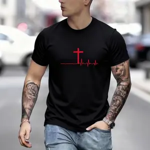 Men's T-Shirt with Cross Pulse Print - Knit Polyester Blend Crew Neck Tee, Regular Fit with Slight Stretch, Breathable Comfort - Seasonal Top for MenT-shirt Tee Shirt Men