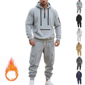 Men's Winter Fleece Lined Casual Set Loose Fit Sporty Multi-Pocket Workwear Warm Long Sleeve Jacket & Pants for Cold Weather Clothes