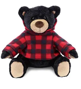 SUPER SOFT PLUSH WITH RED PLAID HOODIE - BLACK BEAR