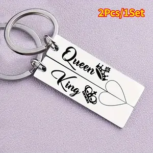 2pcs Creative Letters King Queen Keychain, Stainless Steel Material Bag King And Queen Crown Pattern Ornament Pendant Couple Pair