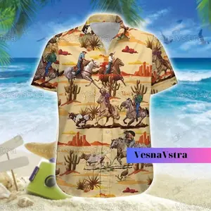 Team Roping Hawaiian Shirt Western Man Shorts Rodeo Style Set, Western Team Roping Shirt and Shorts Casual Cowboy Outfit