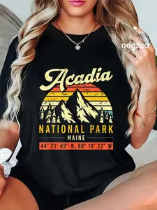 100% Cotton Acadia Vintage Retro Coordinates Maine National Park T-Shirt